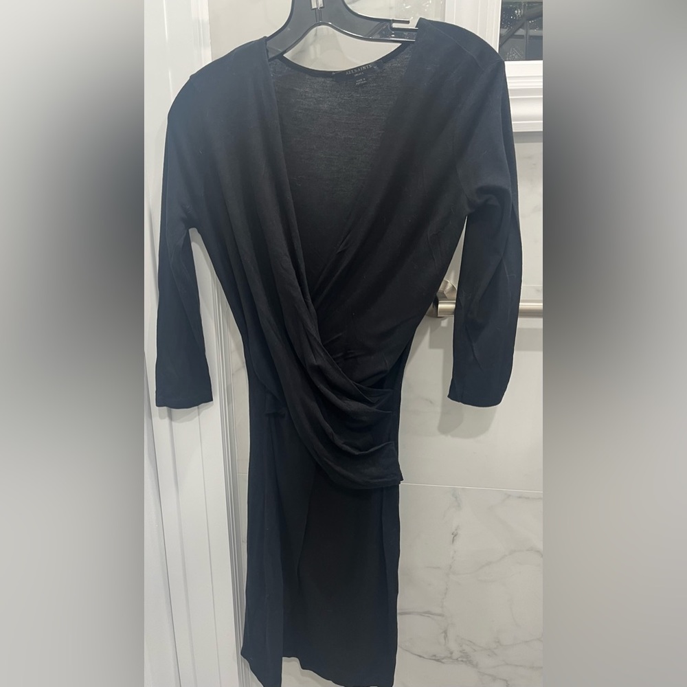 AllSaints Adria V-Neck Ruched Front Dress with 3/4 Sleeve (S)